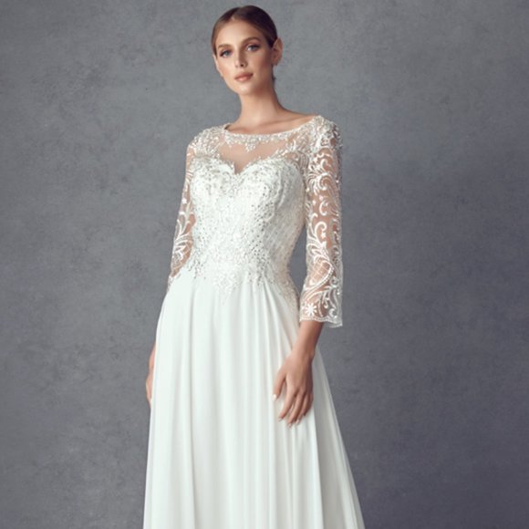 NEW LONG A-LINE DRESS WITH SHEER SLEEVES EMBROIDERED WITH RHINESTONES JT M11-W